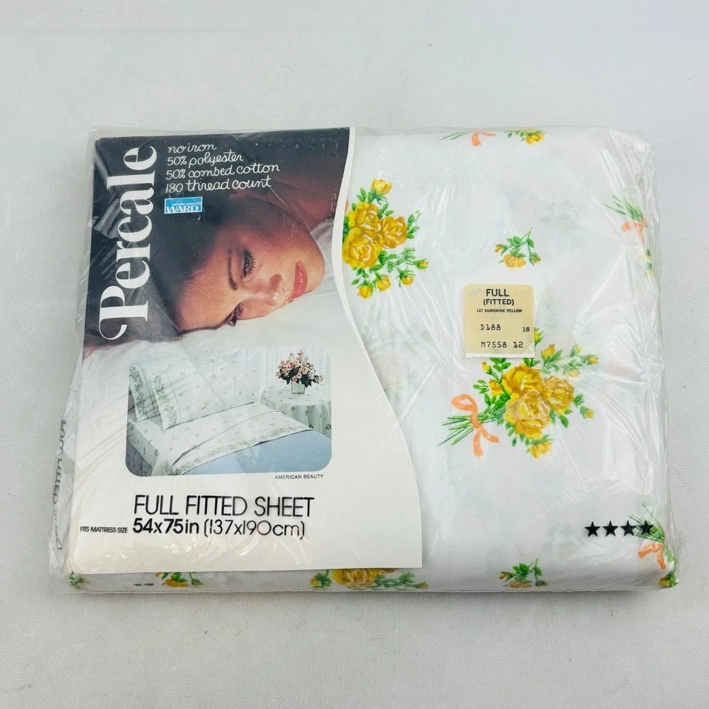 Vtg Montgomery Ward‎ American Beauty Full Sheet Set Sunshine Yellow Floral Roses